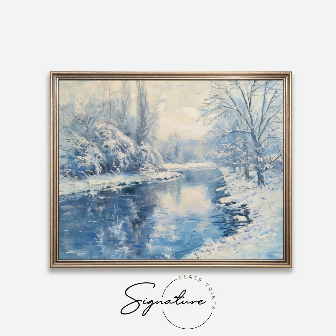 Tranquil Snowy River Scene Winter Landscape Blue Painting Poster - Image 4
