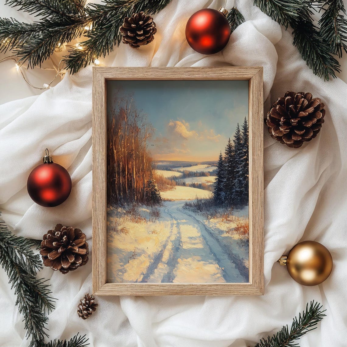 Golden Sunrise over Snowy Forest Road on Winter Morning Poster - Image 4