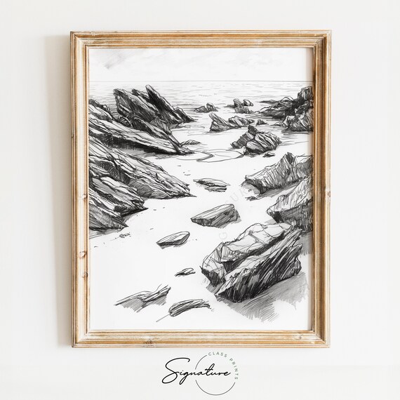 Rocky Shoreline At Low Tide Monochrome Coastal Sketch Ocean Poster