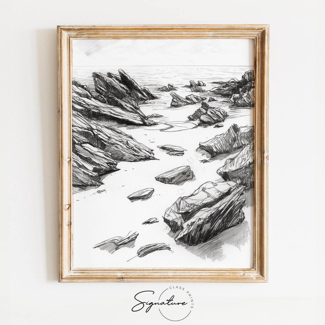 Rocky Shoreline At Low Tide Monochrome Coastal Sketch Ocean Poster