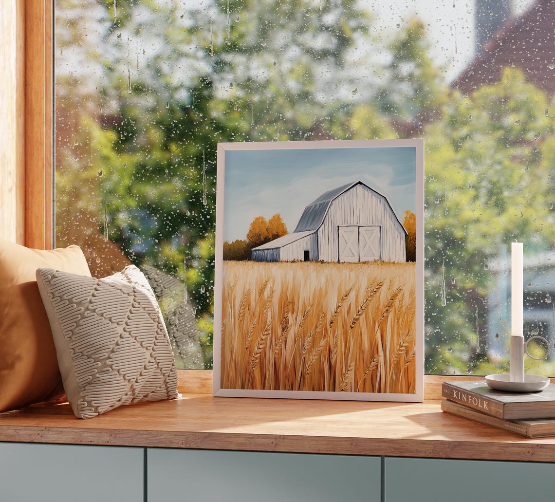 White Barn Wheat Field Blue Sky Rustic Farm Simplicity Poster - Image 2