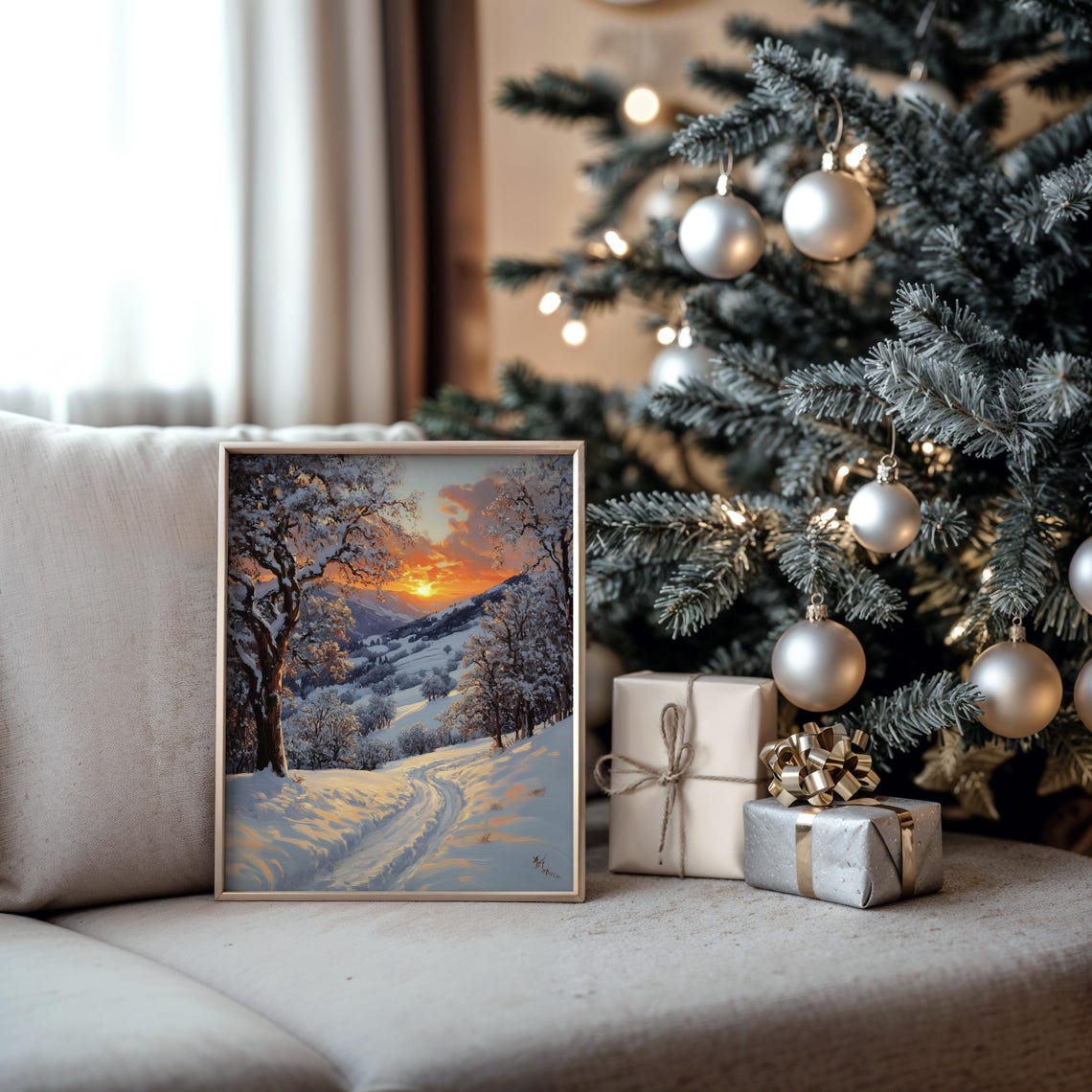 Snowy Mountain Valley Warm Sunset Glow Winter Landscape Poster - Image 5