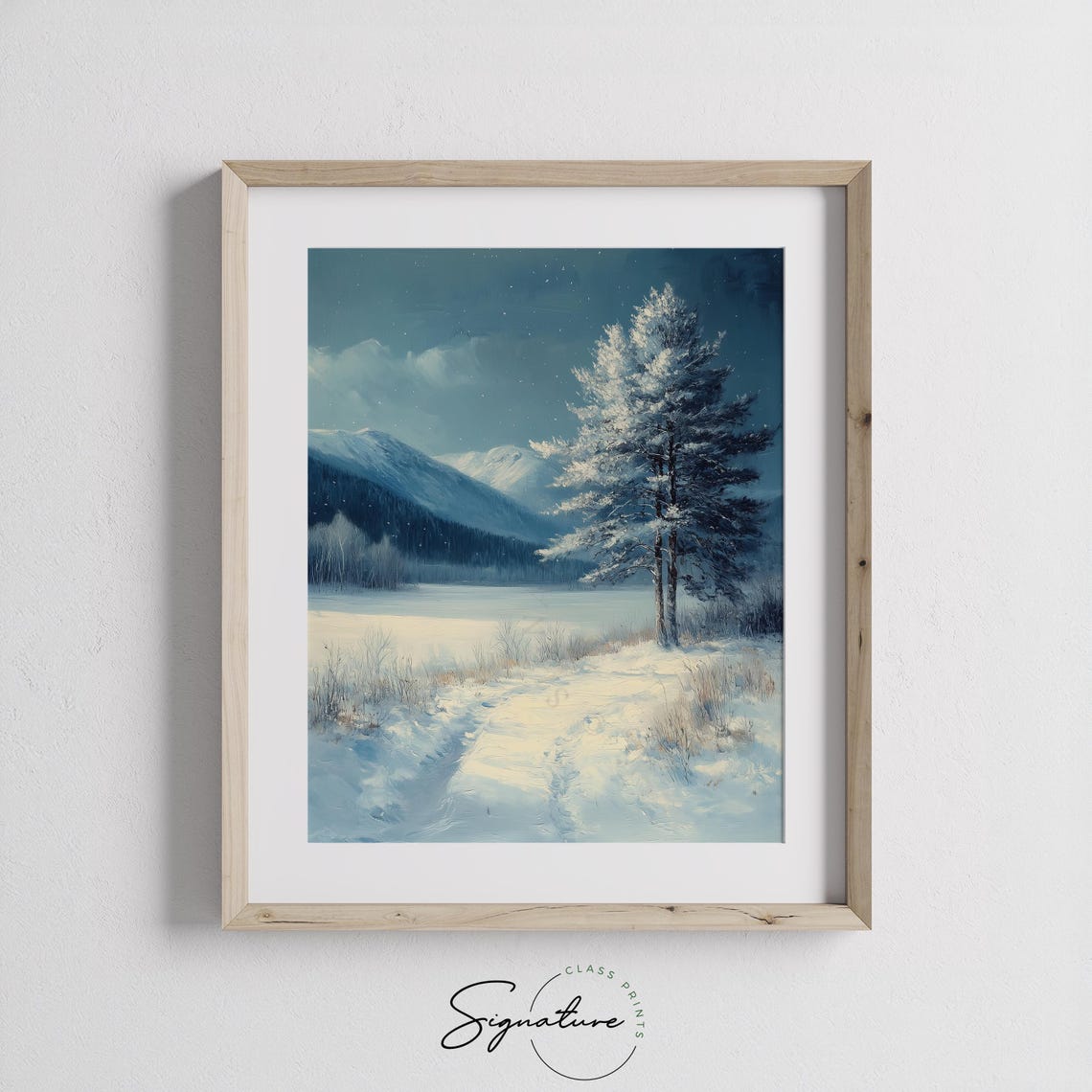 Moonlit Frosty Meadow With Snowy Tree And Mountain View Poster - Image 2