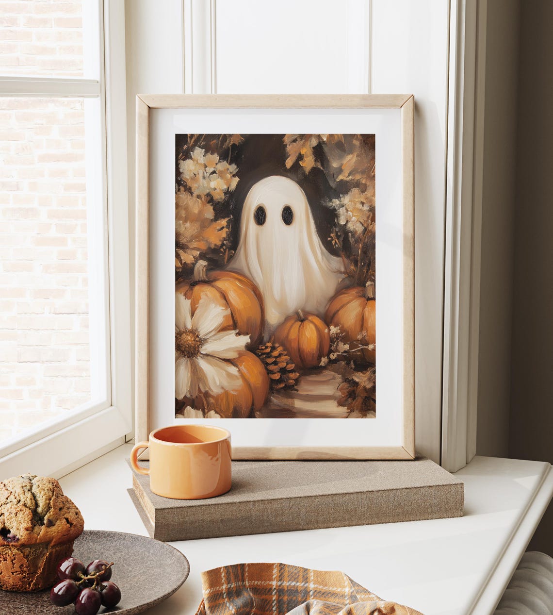 Ghost Smiling Over Pumpkins Daisies and Pinecones Autumn Poster - Image 6