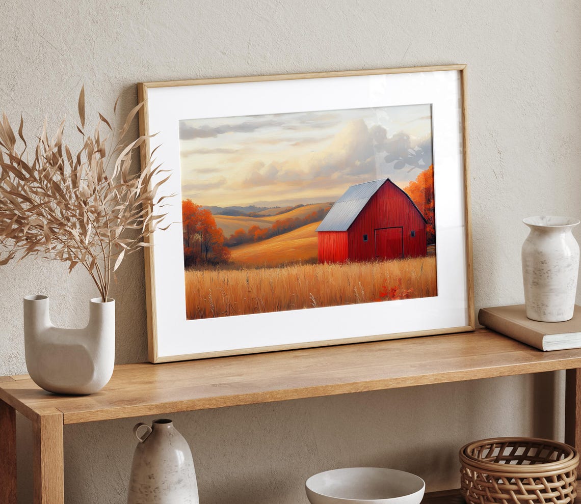 Red Barn Golden Fields Autumn Hills Fall Farm Sunset Wall Art - Image 4