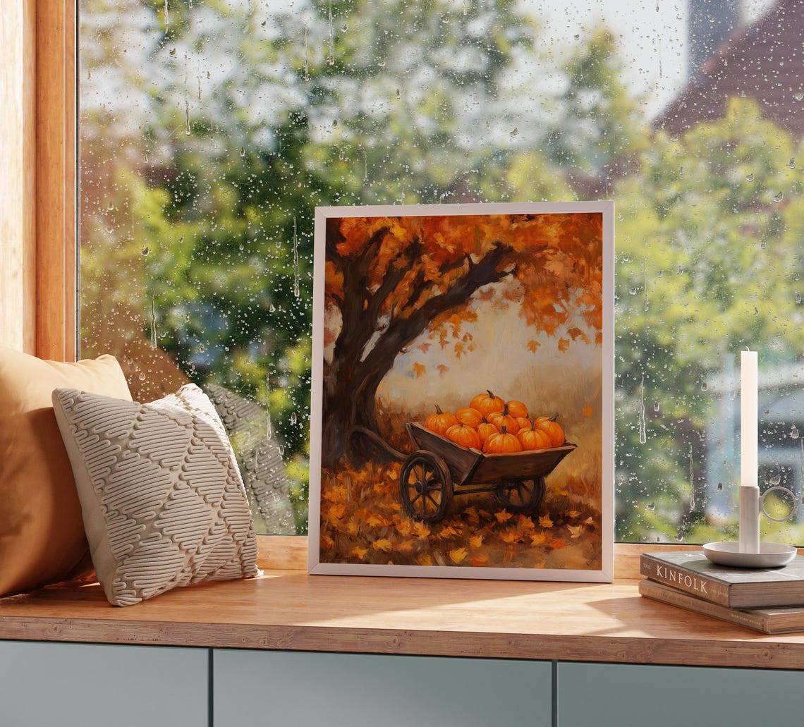 Pumpkin Cart Under a Blazing Autumn Maple Tree Oil Style Poster - Image 2