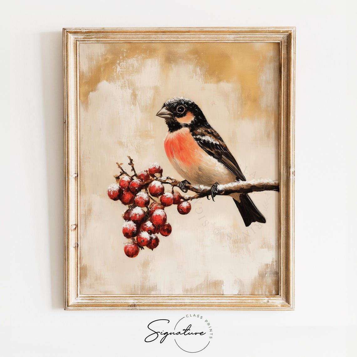 Bullfinch Bird on Frosty Winter Berry Branch Vintage Style Poster
