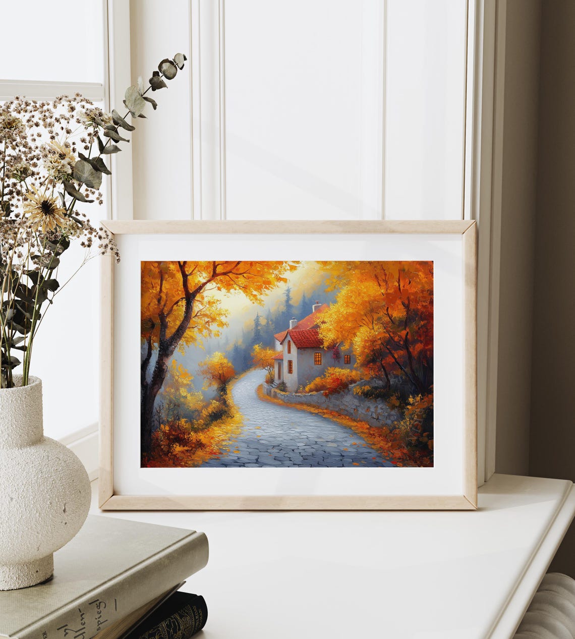 Cobblestone Village Road Curving To Golden Hills House Autumn Poster - Image 6