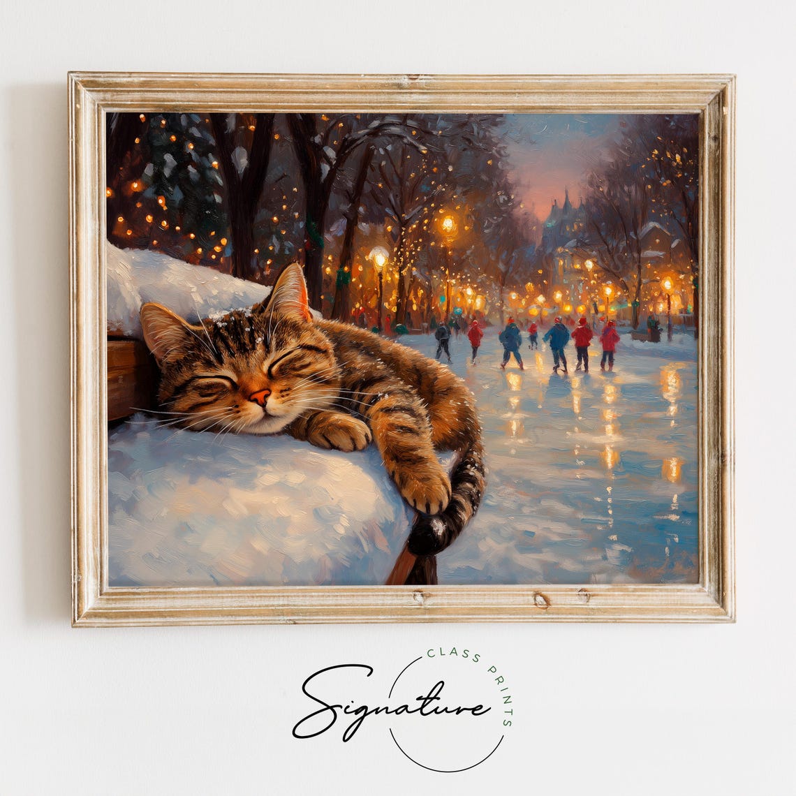 Sleeping Tabby Cat on Snowy Railing with Winter Ice Skaters Poster