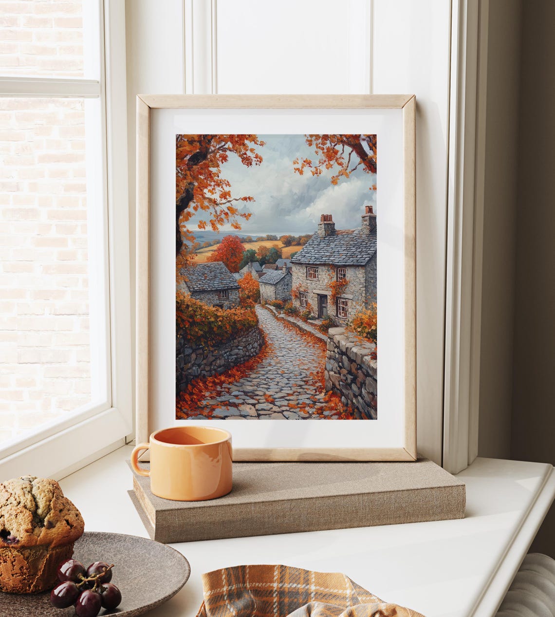 Autumn Village Cobblestone Street Stone Houses Orange Trees Poster - Image 6