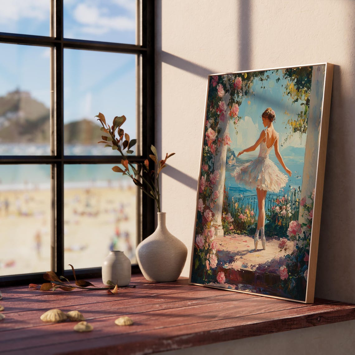 Ballerina on Rose Covered Terrace Overlooking Blue Sea Poster - Image 3
