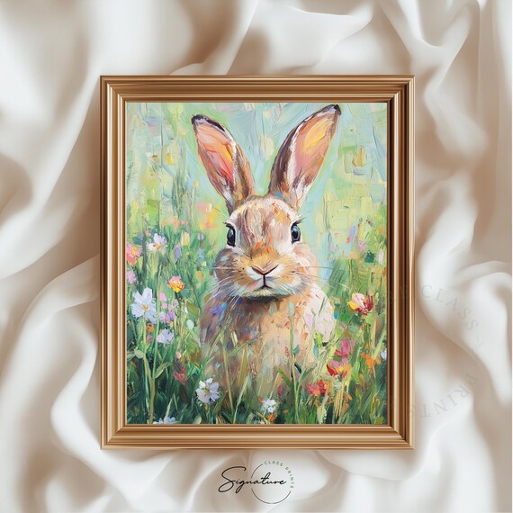 Spring Bunny In Wildflower Field Easter Rabbit Animal Painting Print