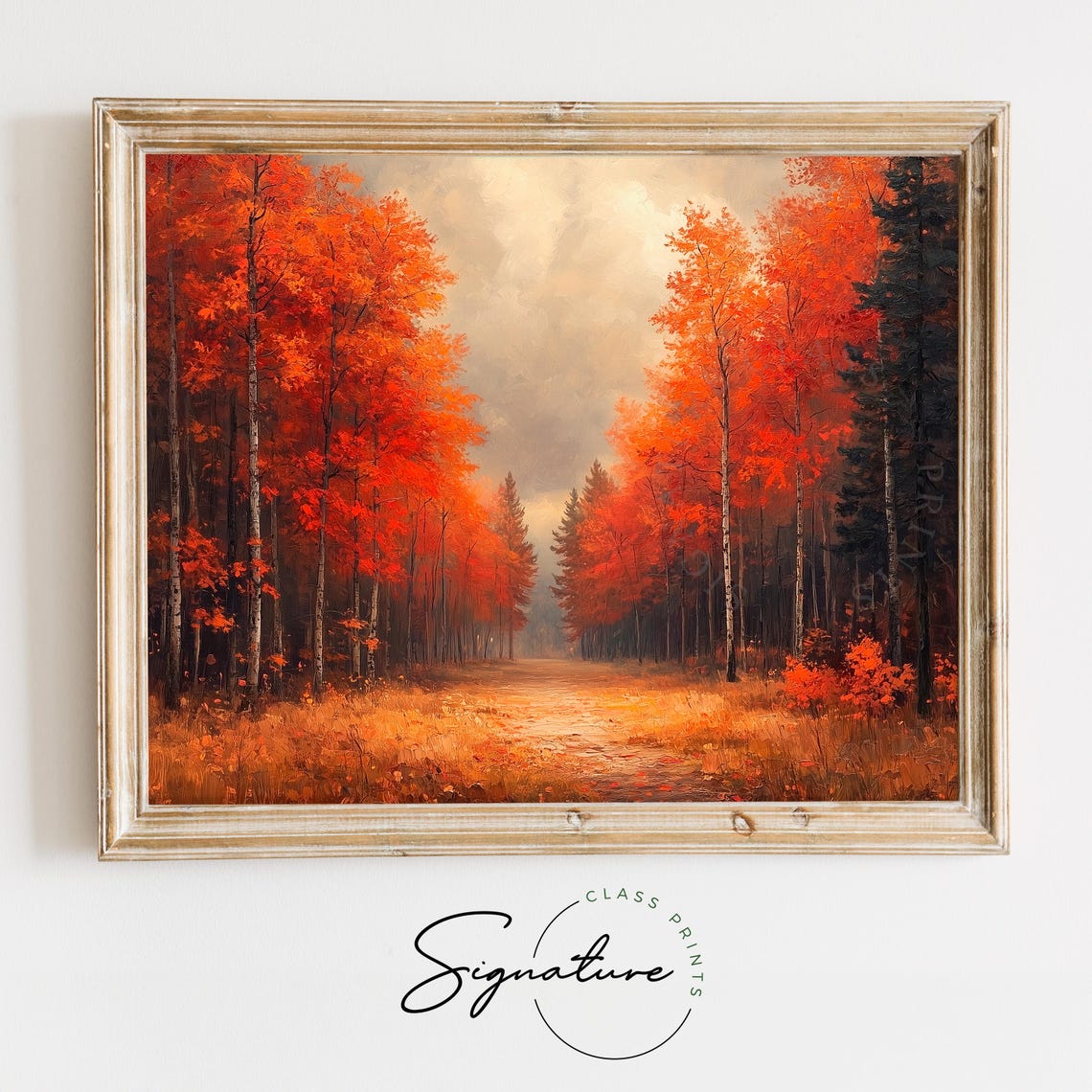 Forest Path Lined with Brilliant Red and Orange Autumn Trees Poster