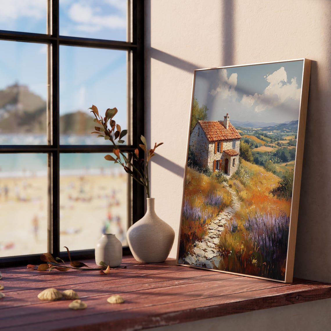 Stone Cottage Hilltop Lavender Wildflowers Golden Hour Poster - Image 3