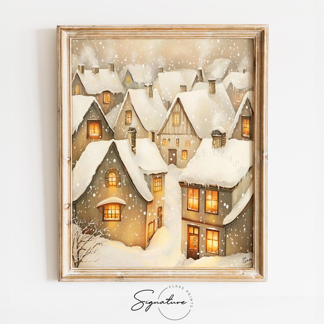 Cozy Snowy Cottages with Glowing Windows in Soft Snowfall Poster