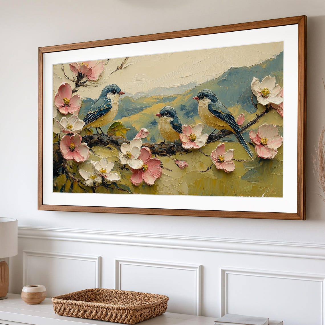 Three Bluebirds On White Dogwood Blossoms Impasto Art Poster - Image 2