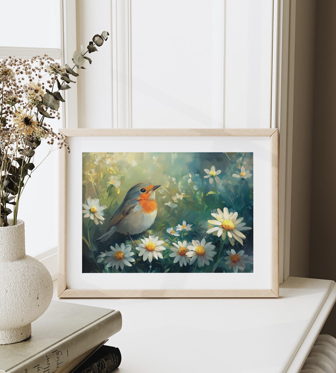 Robin Resting Among White Daisies In Lush Green Meadow Wall Art - Image 6