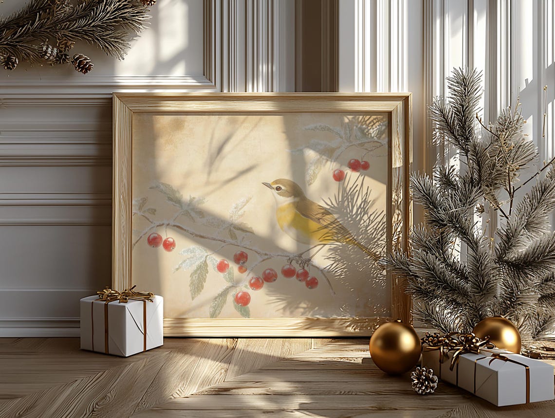 Yellow Breasted Chat Beside Frosted Red Berries Rustic Poster - Image 6
