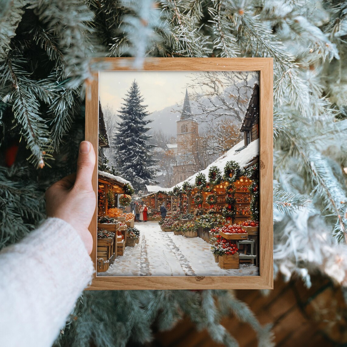 Snowy Christmas Market Street with Wreaths Church and Tree Poster - Image 6