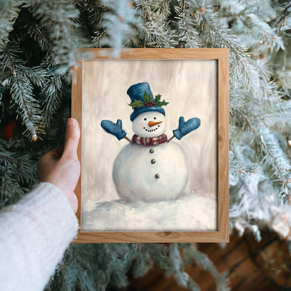 Cheerful Snowman in Blue Hat with Holly Christmas Painting Poster - Image 6