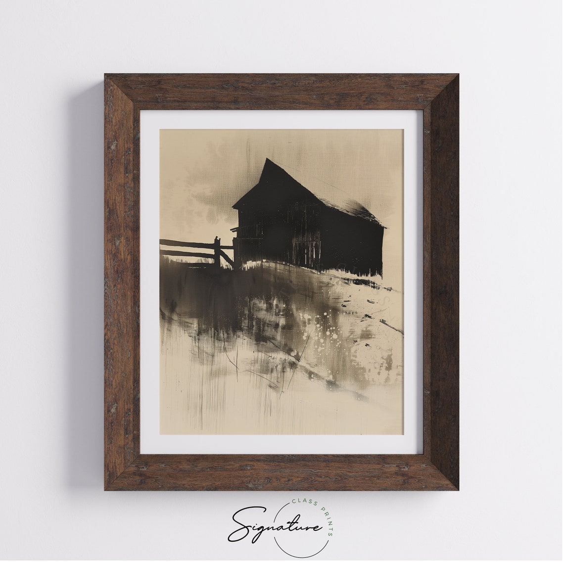 Moody Dark Barn Silhouette Standing In Rain Abstract Ink Poster - Image 4