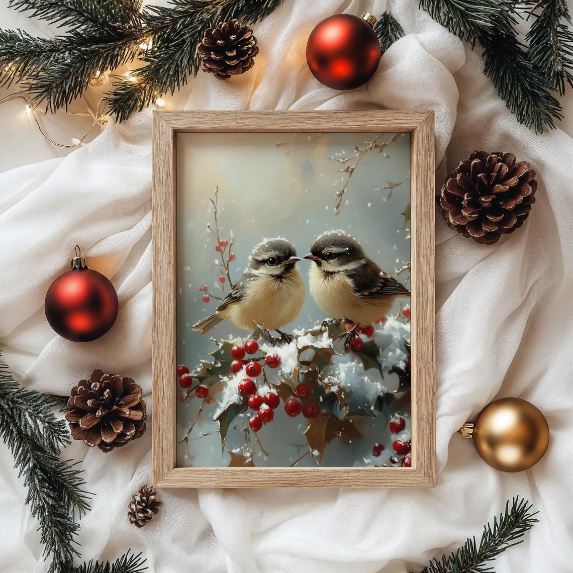 Two Songbirds on Snowy Holly Branch With Red Winter Berries Poster - Image 4