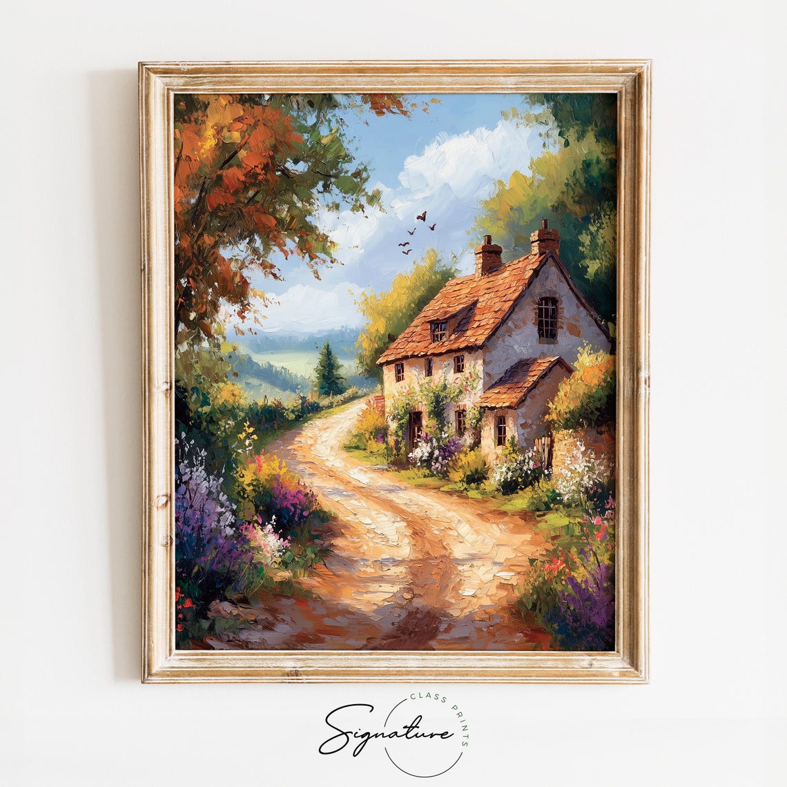 Country Lane to Stone Cottage Wildflowers Birds Summer Print