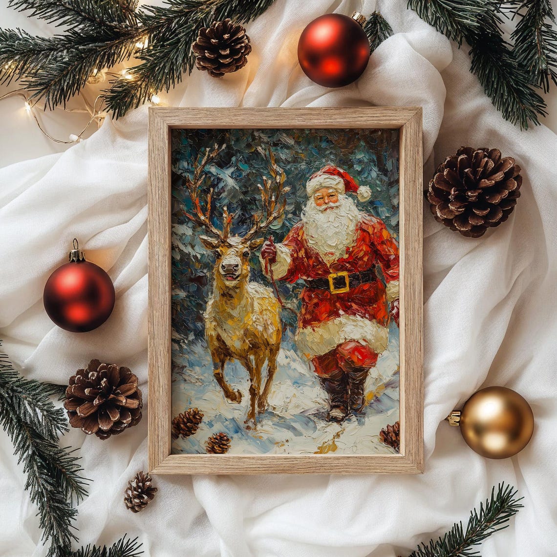 Santa Claus Walking With a Reindeer in a Snowy Forest Poster - Image 4