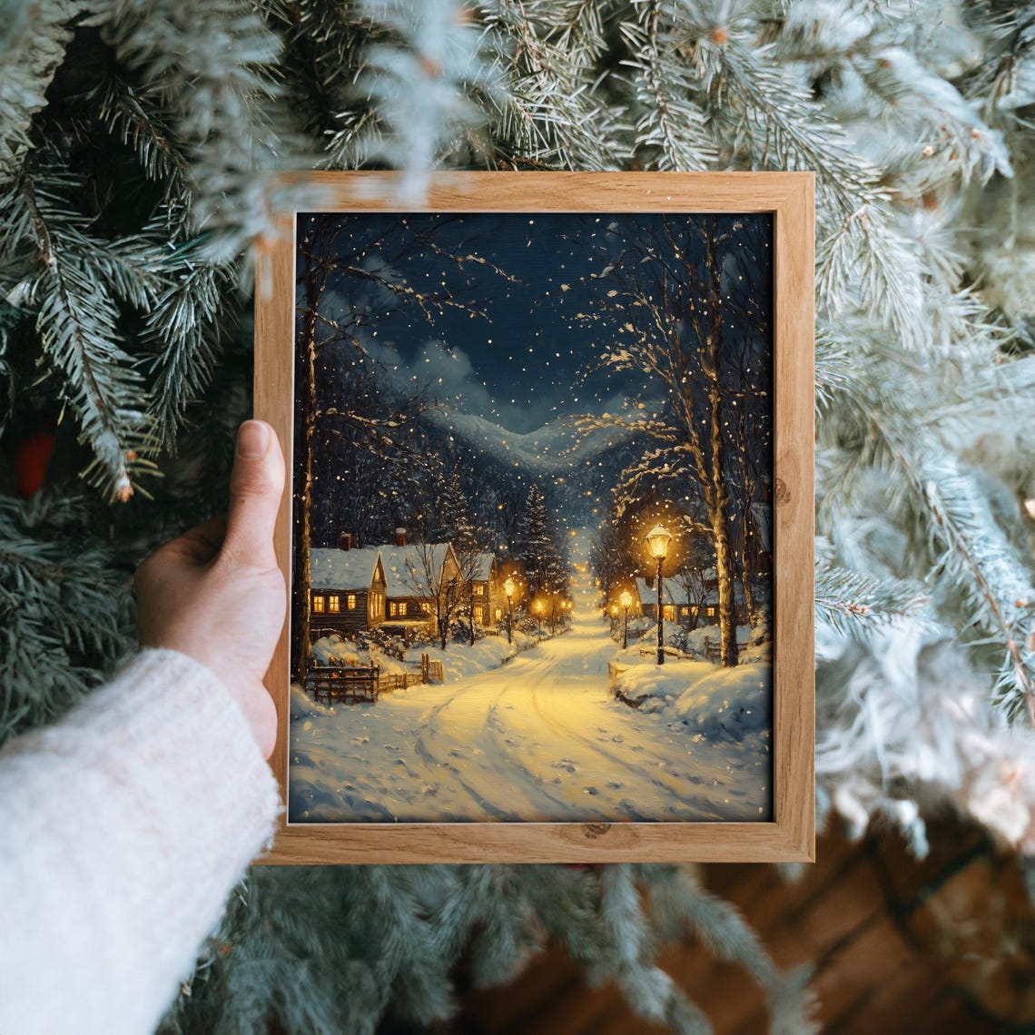 Snowy Village Street at Night with Falling Snow and Lampposts Poster - Image 6