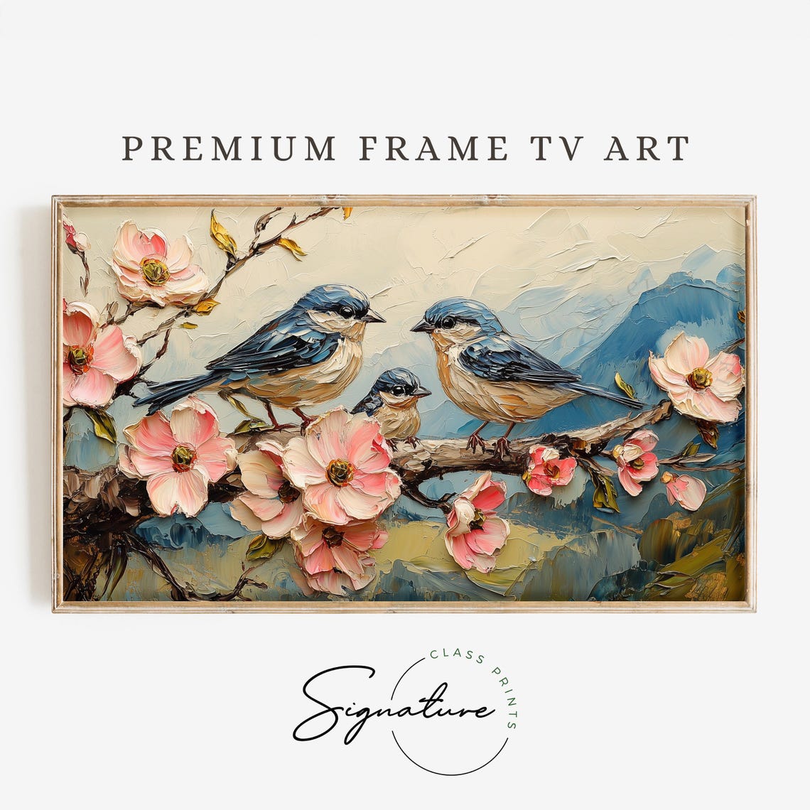 Bluebirds On Pink Dogwood Branch Blue Mountain Backdrop Poster
