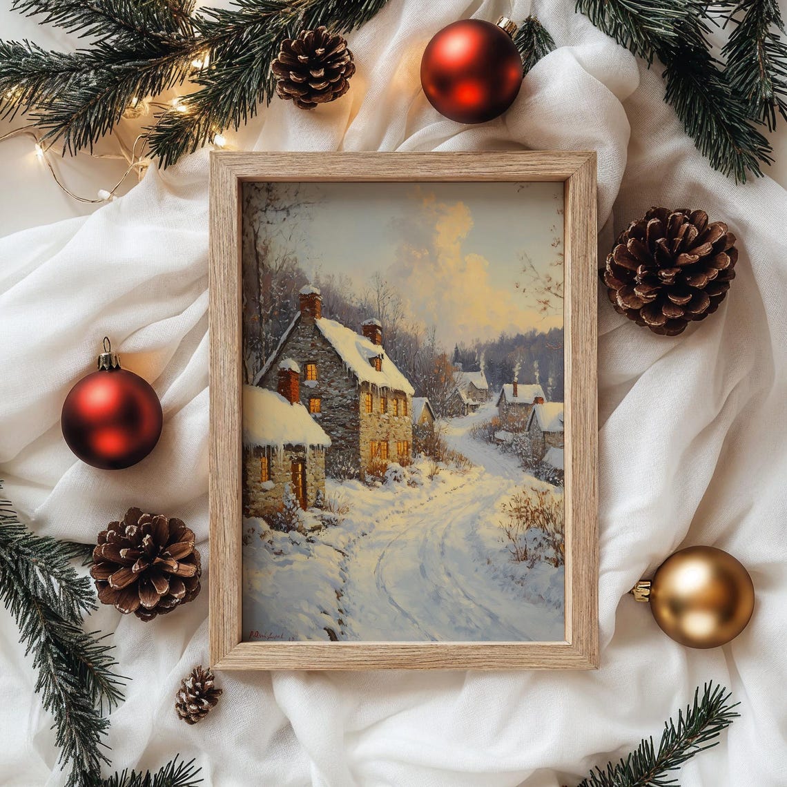 Snowy Village Lane With Glowing Cottages And Winding Path Poster - Image 4