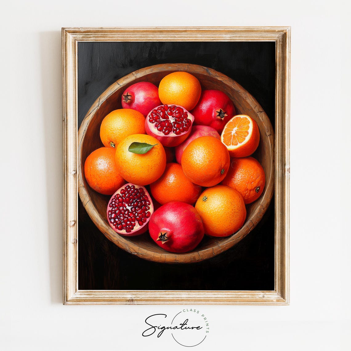 Wooden Bowl Of Oranges And Pomegranates Rustic Fruit Painting Poster