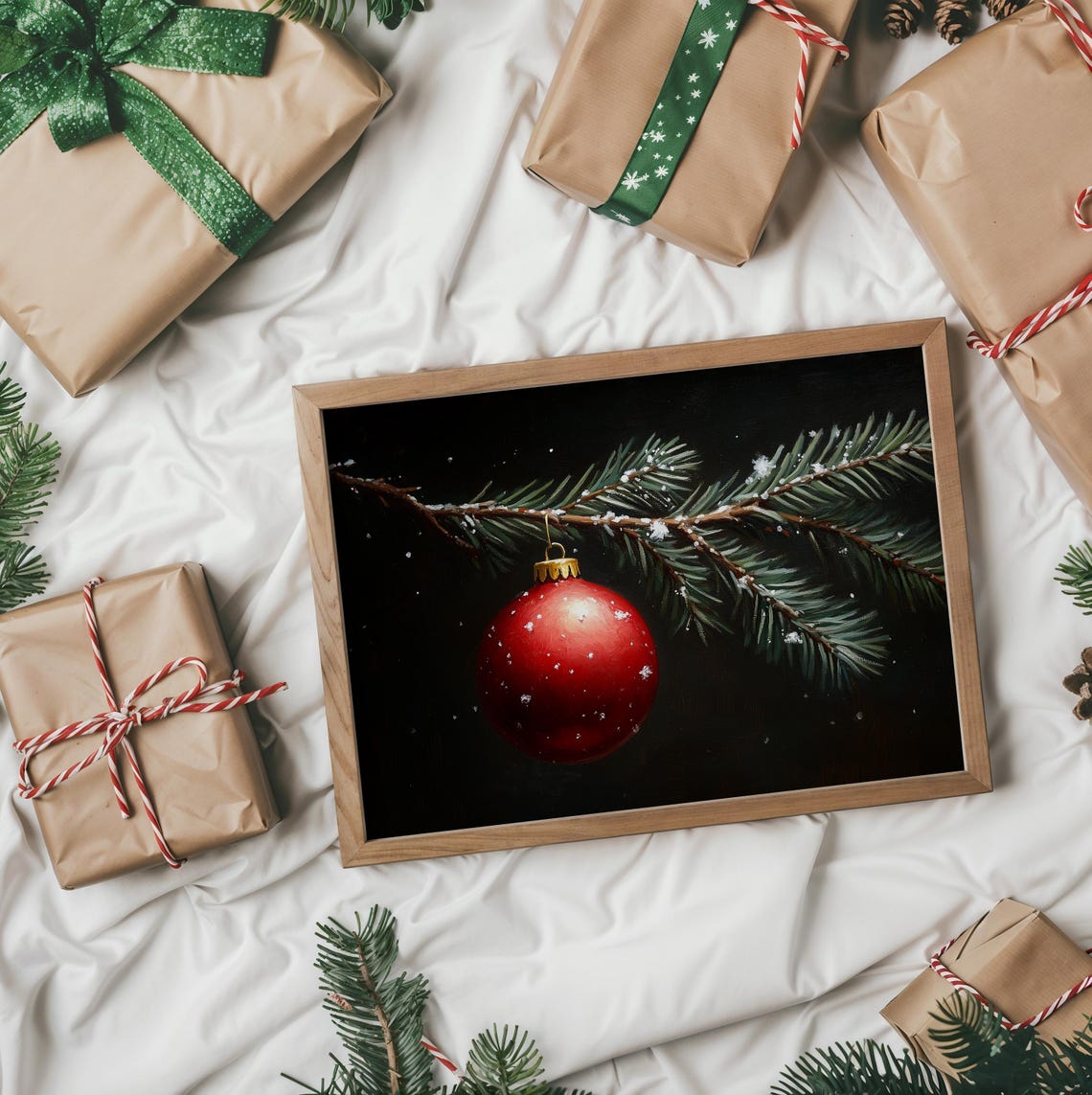 Red Christmas Bauble Hanging From A Snowy Pine Branch Art Poster - Image 2