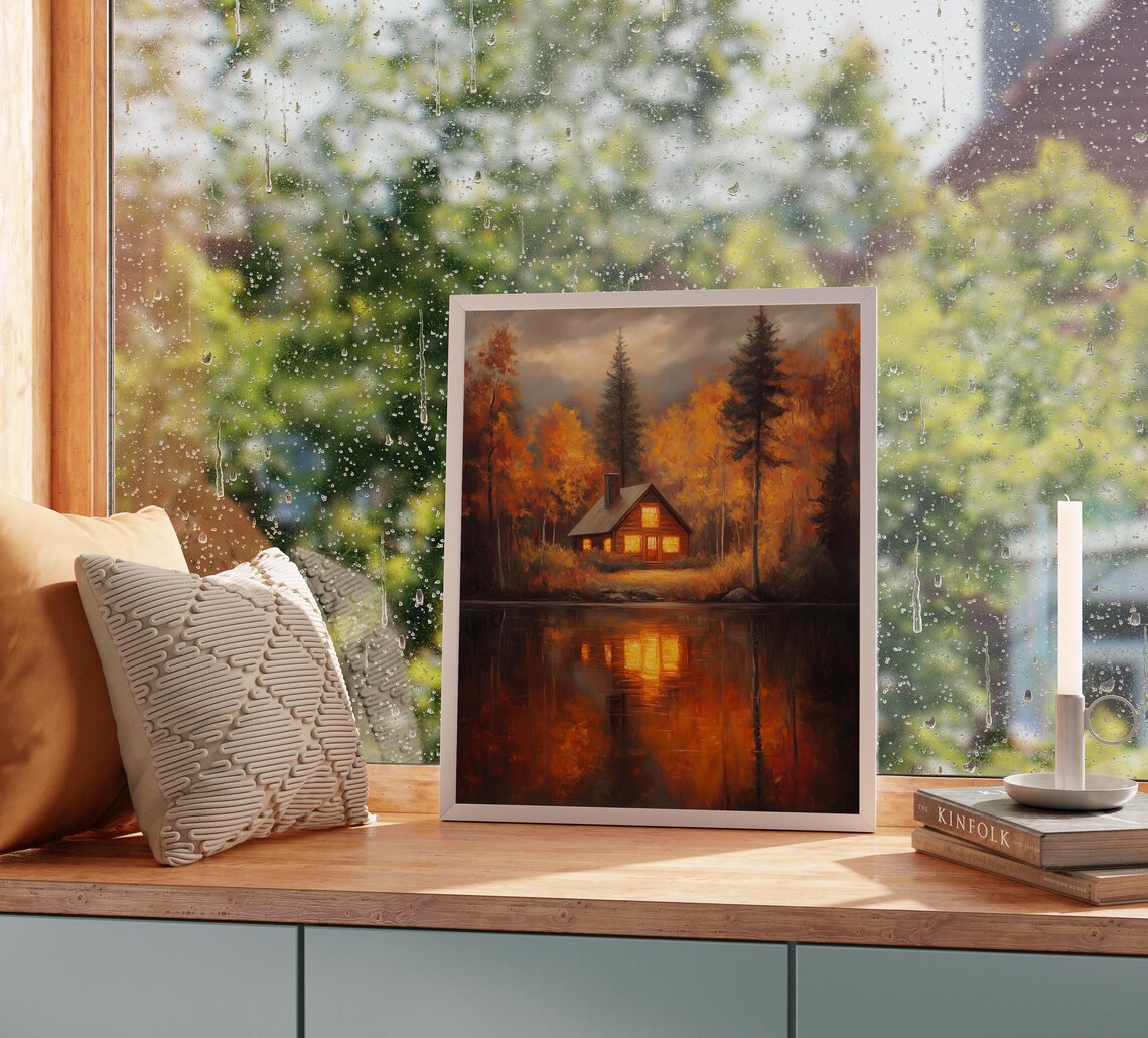 Cozy Autumn Cabin by the Lake Vintage Art Print - Image 2