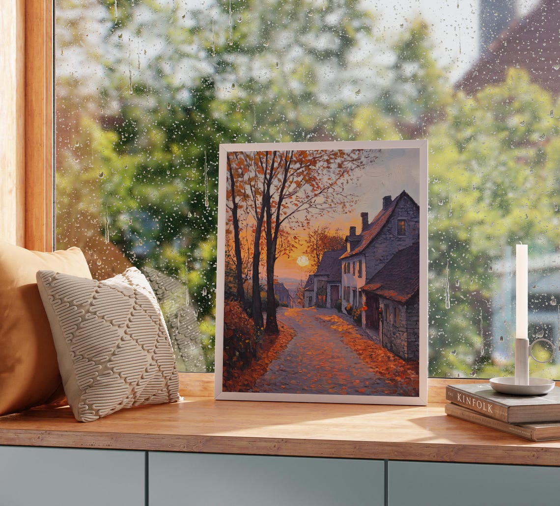 Old Stone Village Street Glowing at Sunset Beneath Autumn Trees Poster - Image 2