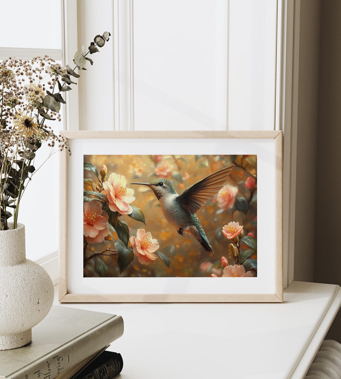 Hummingbird Among Peach Camellia Blossoms Golden Floral Wall Art - Image 6