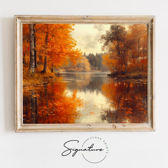 Vintage Riverside In Autumn Painting Trees Reflected In Water Art Moody Fall Landscape Print Earthy Fall Decor Rustic Art Print 1300