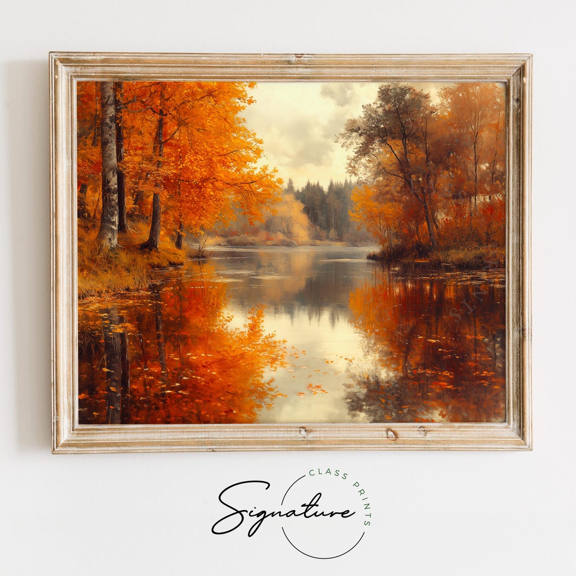 Burning Orange Trees Reflected in a Still Autumn River Poster