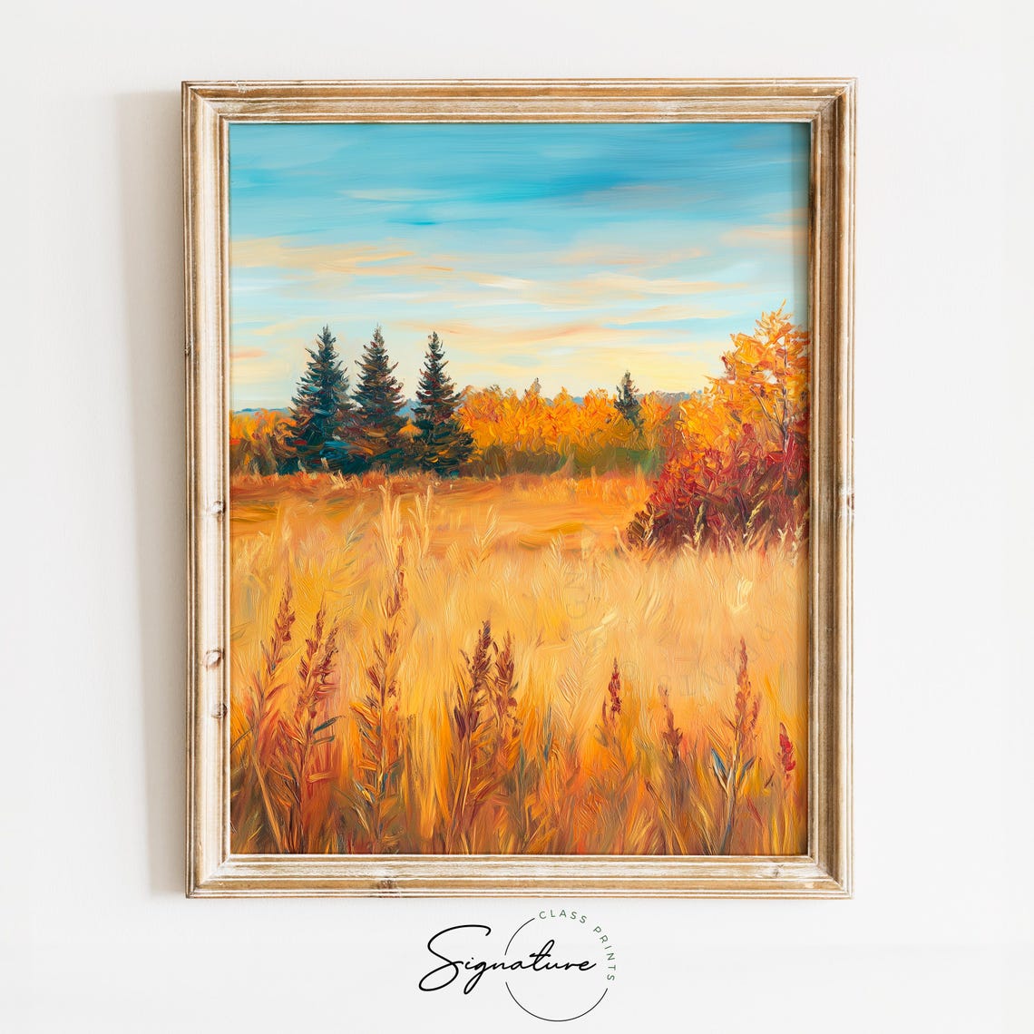 Golden Autumn Meadow with Evergreens and Rustling Tall Grasses Poster