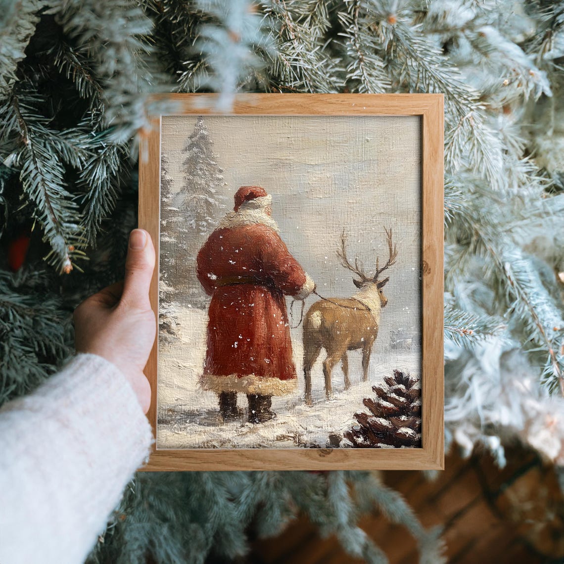 Santa Claus Walking Away With a Reindeer Through Falling Snow Poster - Image 6
