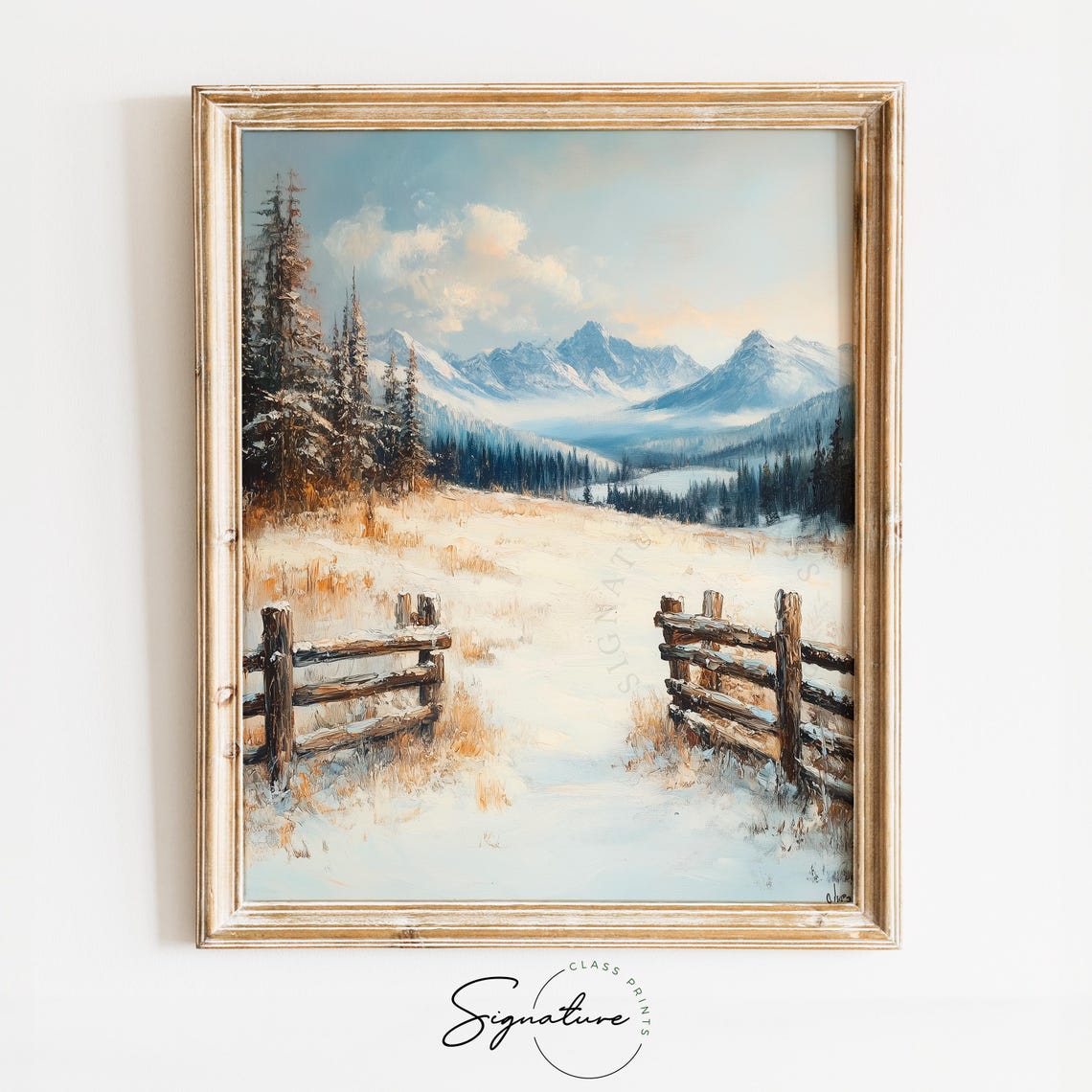 Split Rail Fence Snowy Alpine Meadow Mountain Landscape Poster