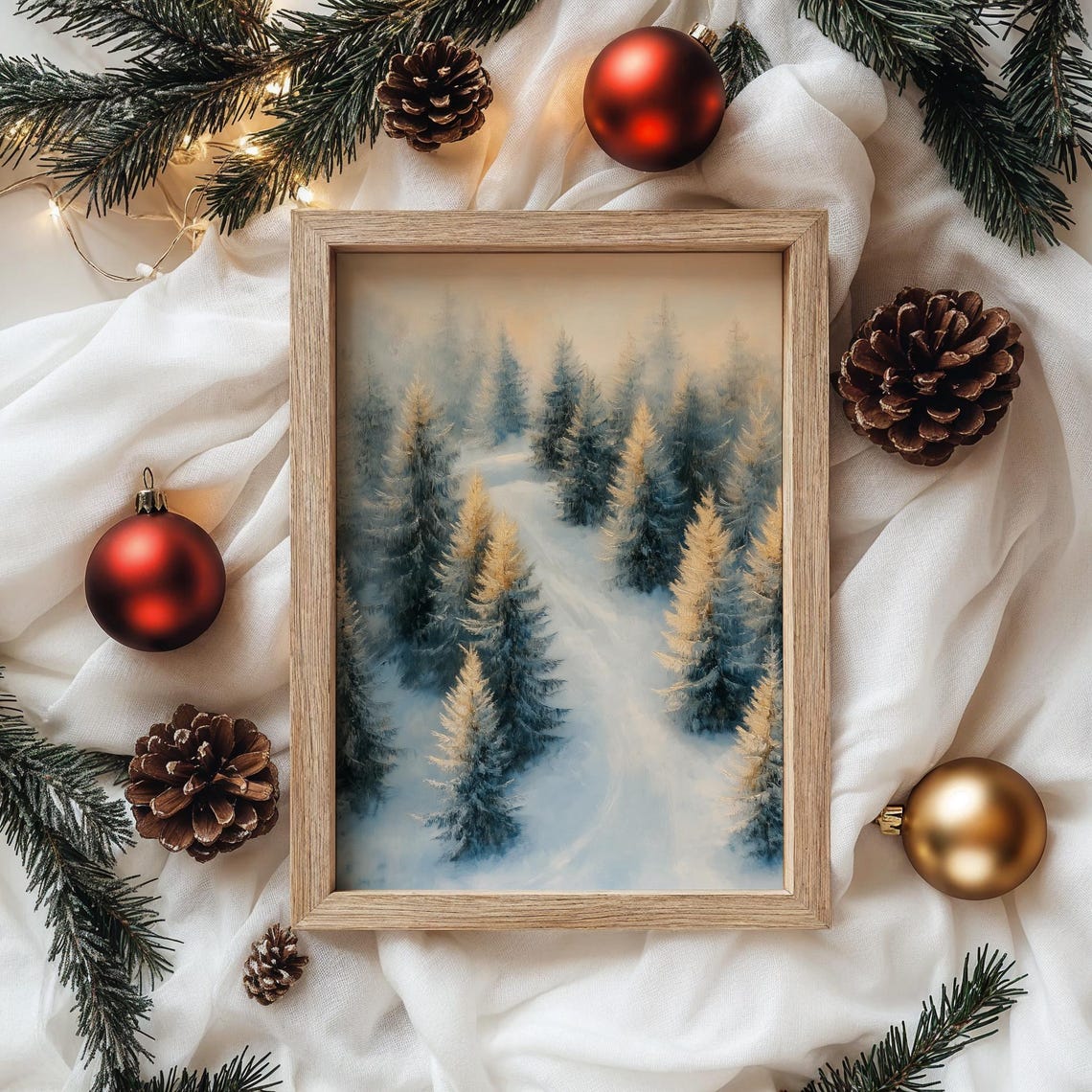 Sunlit Snowy Pine Forest Trail in Blue and Gold Winter Poster - Image 4