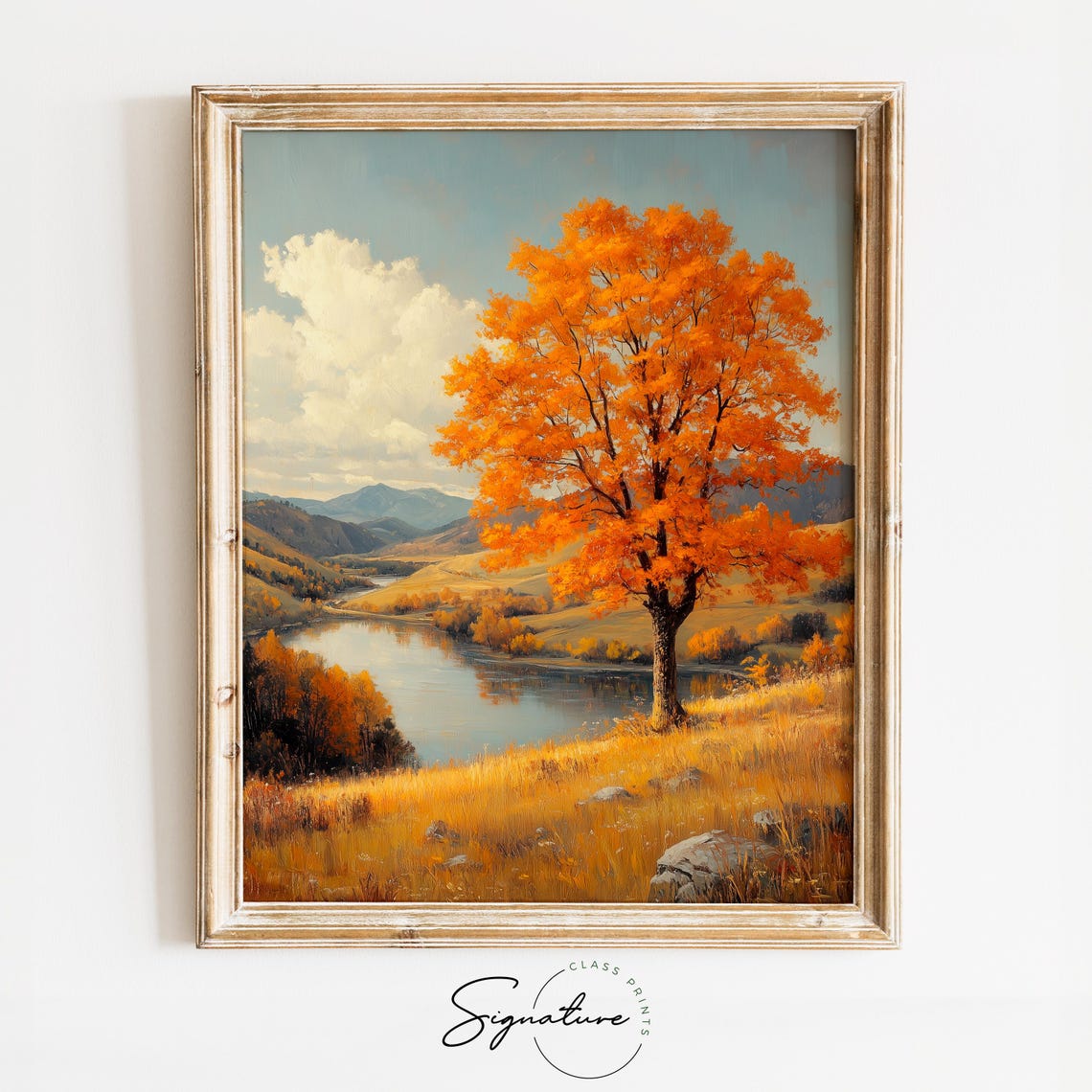 Autumn Tree River Meadow Winding Water Valley Mountains Poster