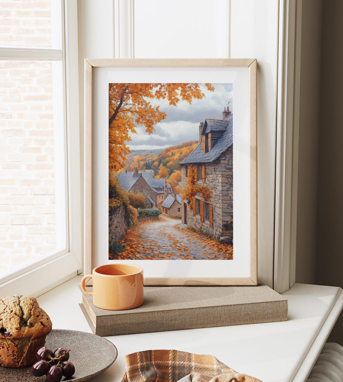 Autumn Village Street Stone Cottages Slate Roofs Orange Leaves Poster - Image 6