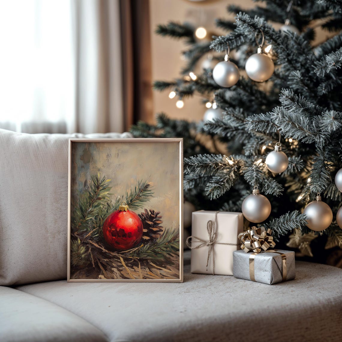 Red Christmas Ornament With Pinecone and Evergreen Branches Poster - Image 5