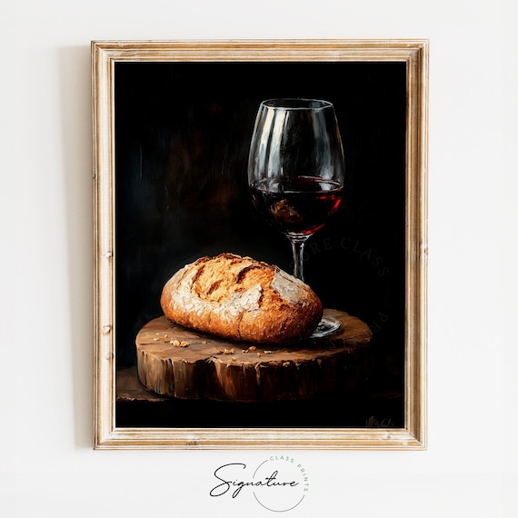 Red Wine Glass And Rustic Bread Loaf Moody Still Life Poster