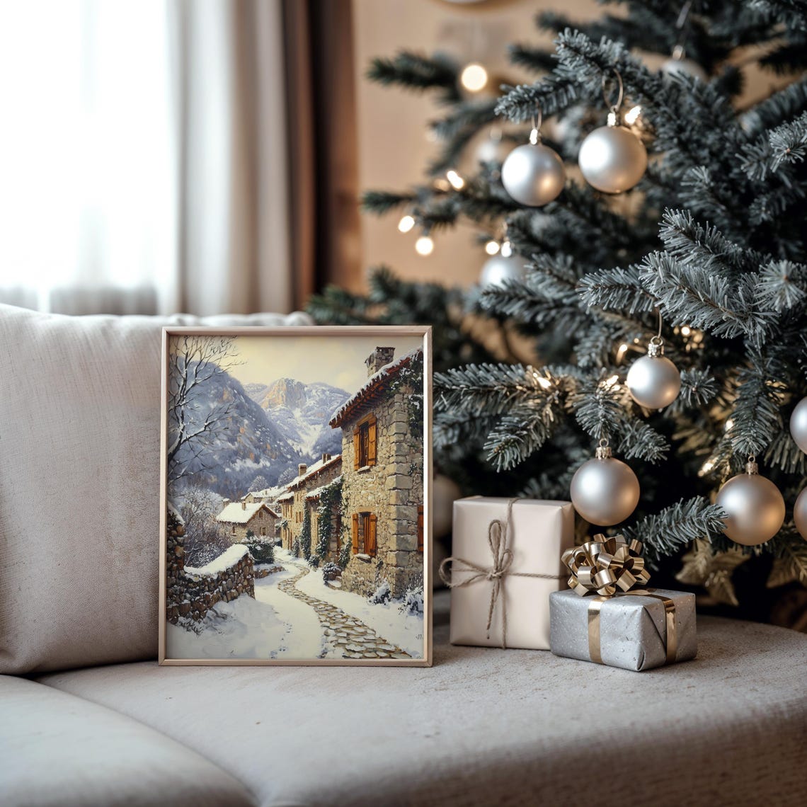 Alpine Stone Village Lane at Sunrise Snowy Mountain Scene Poster - Image 5