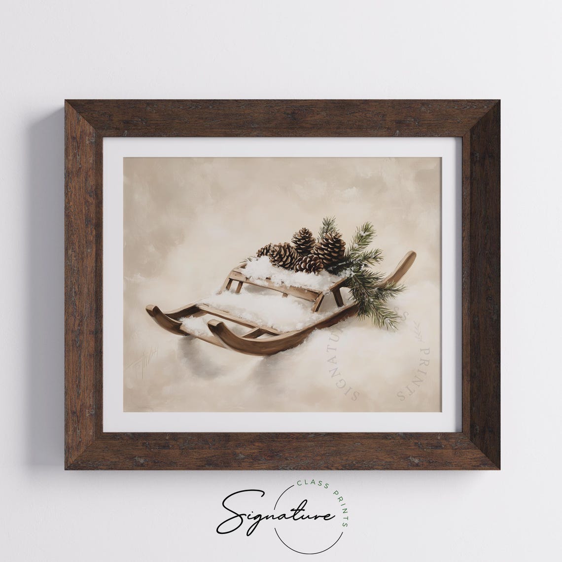 Wooden Sled With Pinecones and Fir Branches Snowy Still Life Poster - Image 5