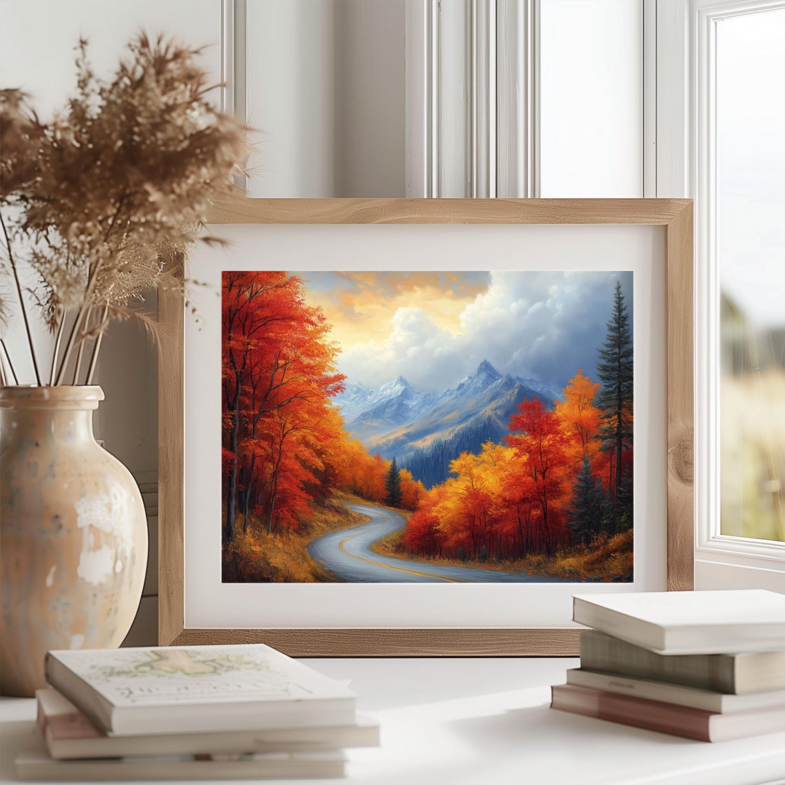 Winding Road Snowy Peaks Blazing Autumn Trees Oil Painting Poster - Image 2