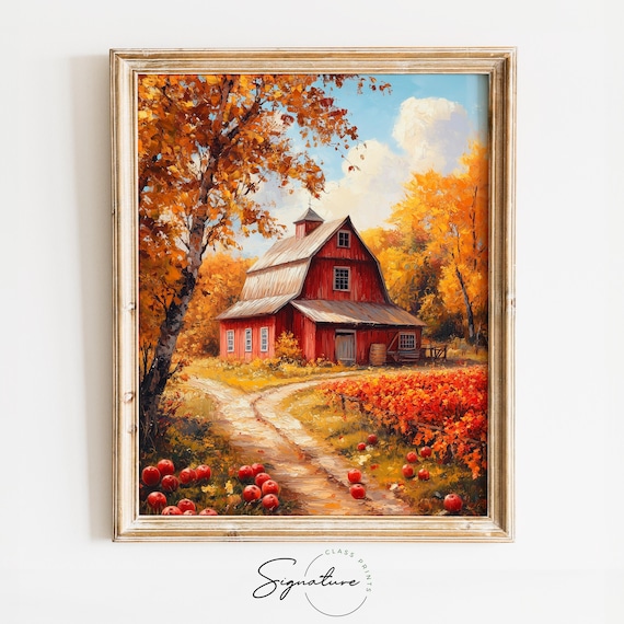 Red Barn With Apple Orchard Path Golden Fall Trees Farm Scene Poster